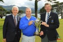 Garth McGimpsey (Royal Portrush) receiving the Munster Seniors Trophy from Jim Long, Chairman Munster Golf. Also included is Mark O'Sullivan, Provest (sponsor). Picture: Niall O'Shea
