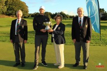 Munster Stroke Play winner Peter O'Keeffe receiving the Cork Scratch Cup from Margaret Keane, Lady Presidetn Cork Golf Club. Also included are Vincent Twohig President and Bob Savage Captain Cork Golf Club. Picture: Niall O'Shea